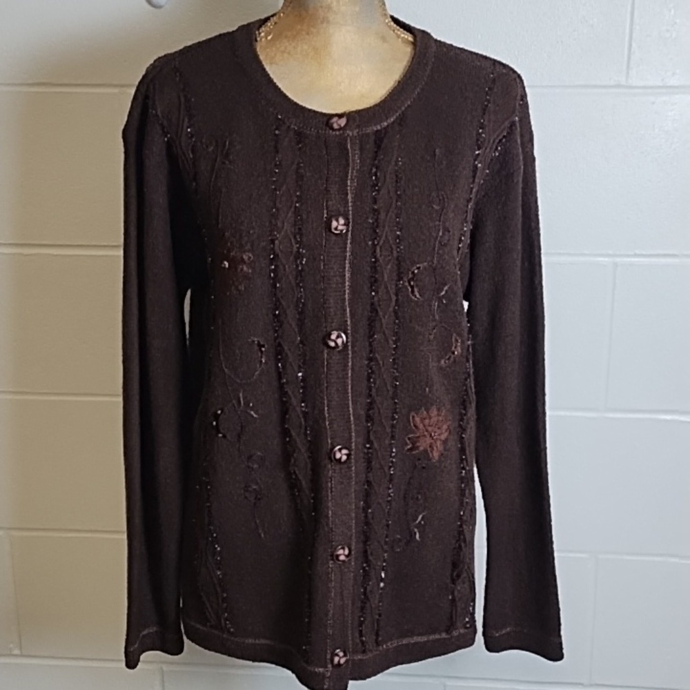 Brown Embellished Mid-Weight Cardigan Button Up Sweater XL